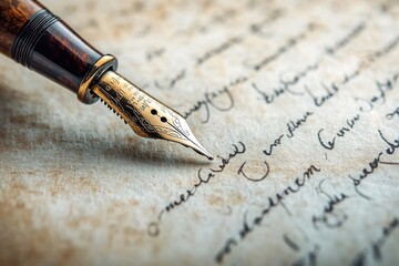 Vintage Fountain Pen Writing on Aged Parchment Paper with Intricate Calligraphy and Soft Natural Light