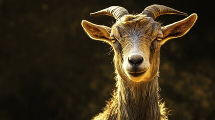 Obraz premium Goat Portrait with Horns Close Up Against Dark Background