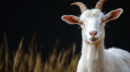 Obraz premium Portrait of a White Goat with Horns in a Natural Setting