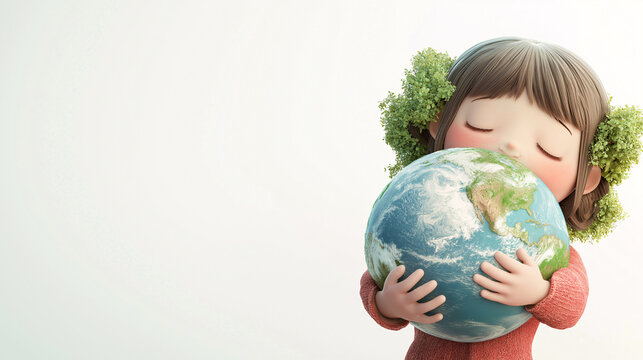 Happy Earth Day poster. A happy, cute little cartoon girl hugging the Earth, surrounded by green hearts, white clouds, and small plants. The background is light blue. World Environment Day