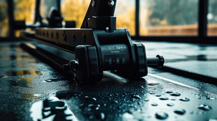 Detail view of a fitness machine on a wet surface indoors