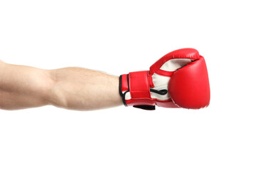 Man in boxing glove fighting on white background, closeup