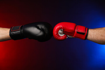 Men with boxing gloves fighting on dark background in neon lights, closeup