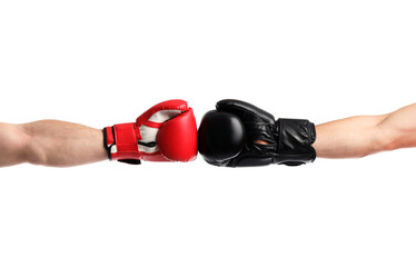 Men in boxing gloves fighting on white background, closeup