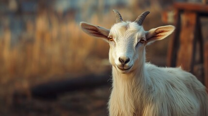 Close-up of a White Goat with Horns in Warm Natural Light