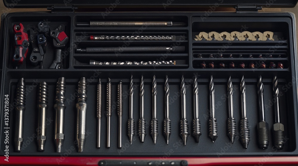 Poster a collection of drill bits arranged neatly in a toolbox, showcasing different sizes and types.