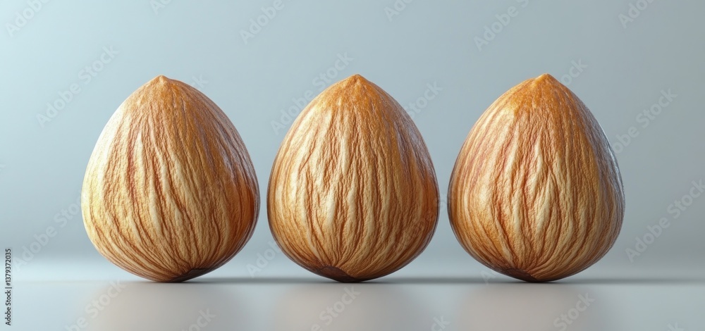 Fototapete hyper-realistic almonds in minimalistic studio setting on white background with focus on texture and