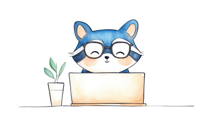 isolated transparent Background. cute raccoon wearing glasses is happily working on laptop with small plant beside it