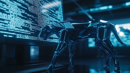 Futuristic robotic dog standing on a dark floor with blue digital data projected on a wall, evoking themes of technology and innovation