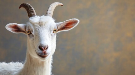 Fototapeta premium Close-up Portrait of a White Goat with Horns Against Brown Background