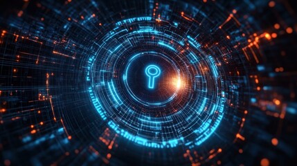 Obraz premium Futuristic Cyber Security Shield with Keyhole Icon on Abstract Digital Data Background Glowing Blue Network Grid