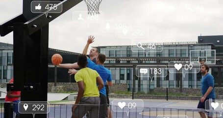 Playing basketball on outdoor court, players with social media notifications overlay - Powered by Adobe