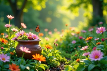 Serene garden scene with a butterfly hovering near a terracotta pot filled with vibrant pink and orange blossoms bathed in soft sunlight.