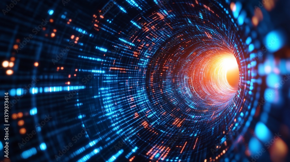 Poster abstract digital tunnel with glowing orange end point and blue lines background