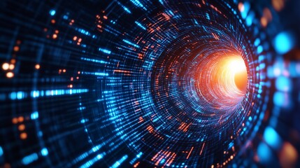 Obraz premium Abstract digital tunnel with glowing orange end point and blue lines background