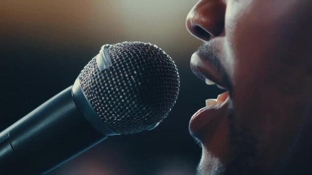 Black male vocalist performing passionately into microphone, standing center stage with dramatic lighting during live music event