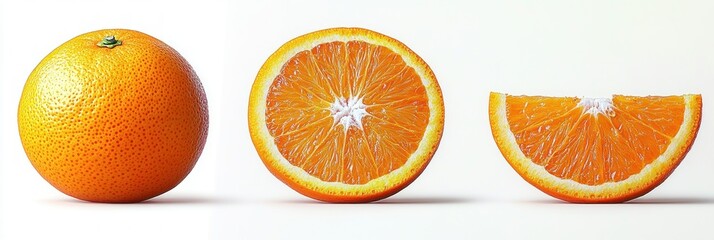 Hyperrealistic Orange Fruit Set Whole Half Slice on White Background Fresh Citrus Closeup