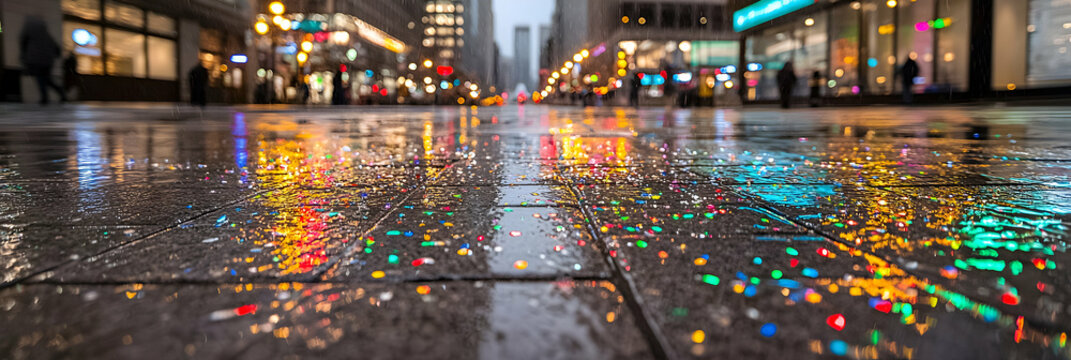 Colorful Reflections On Wet City Street At Night