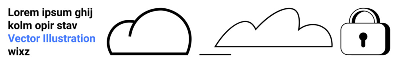 Abstract cloud shapes paired with a lock symbol to represent secure online storage, privacy, and data protection. Ideal for data safety, digital security, cloud computing, technology, IT services