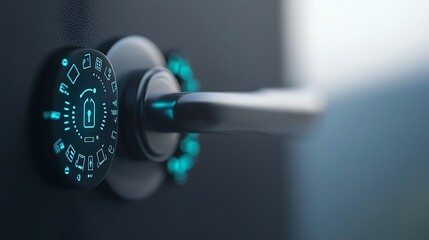 Close-up of a modern digital door lock with illuminated keypad and handle, showcasing advanced security technology
