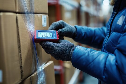 Worker Measuring Temperature with Digital Thermometer in Cold Warehouse Surrounded by Cardboard Boxes