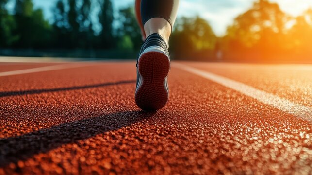 A young female doing a high-knee sprint drill on an outdoor track, with her muscles tensed and focus on speed and agility. - Powered by Adobe