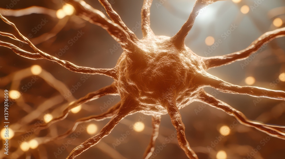 Poster intricate neuron structure with glowing synapses