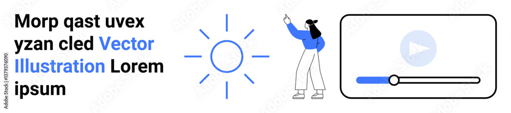 Poster sun icon, person pointing toward a media player interface, and text emphasizing creative concepts. i