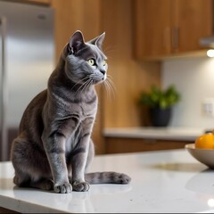 An elegant, well-lit kitchen scene with a grey British Shorthair cat sitting gracefully on a marble countertop. The kitchen is modern and sleek, with stainless steel appliances, wooden cabinets