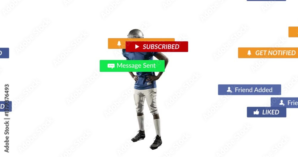 Poster receiving notifications for subscription and messages, football player on field