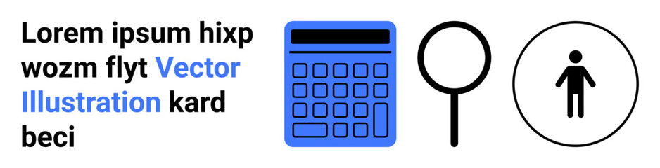 Blue calculator, black magnifying glass, minimal person icon, alongside text block. Ideal for business, education, analytics, networking, identity finance simple landing page