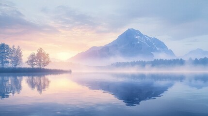 Obraz premium Misty Sunrise Over Mountain Lake (1)