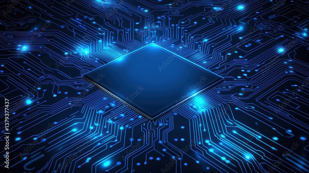 Poster blue circuit board with central processing unit chip