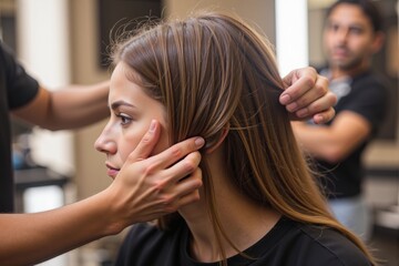 Fototapeta premium Female Hairstylist Adjusting Long Brown Hair of Young Woman in Salon, Highlighting Professional Hair Care and Styling Techniques