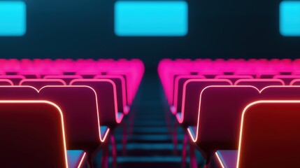 Futuristic cinema chairs in neon glow arrangement