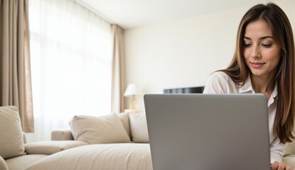 Fototapeta premium A Young Caucasian Woman Engaged in Remote Work on a Laptop in a Bright, Cozy Living Room with Natural Light Streaming Through Windows
