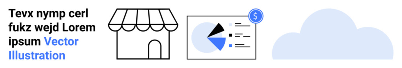 Small shop icon, data chart with pie chart and dollar icon, blue cloud. Ideal for business, e-commerce, analytics, finance, cloud storage, retail strategy simple landing page