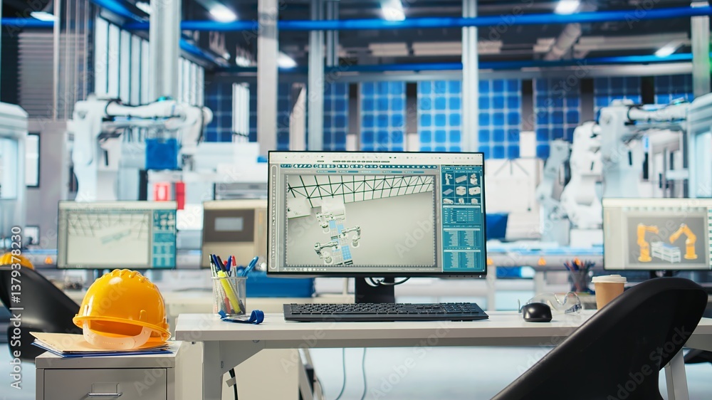 Aufkleber pc on desk in empty photovoltaics factory monitoring system performance. computer monitor in sustain