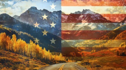 A picturesque landscape featuring a winding road surrounded by vibrant autumn foliage leading towards majestic mountains. The mountains rise prominently against a backdrop of a blue sky with soft whit