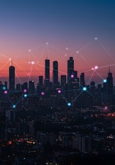 Smart city in night with a digital network of interconnected nodes. cloud computing cyberspace, data storage, global connectivity system line. With ai generated
