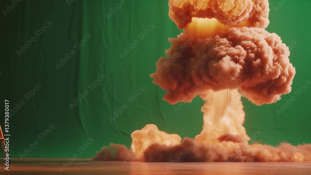 Poster realistic mushroom cloud rising from a nuclear explosion, isolated on a green screen background for 