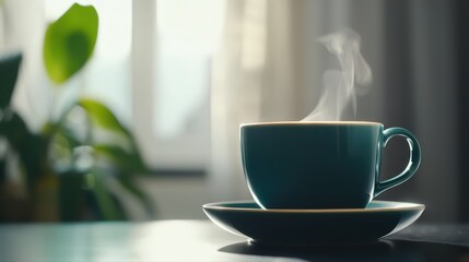 Steam rises from cozy coffee cup near window