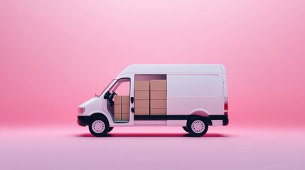 Minimalist logistics concept featuring a white van showcasing neatly arranged boxes on a solid color background