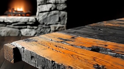 Fototapeta premium Close-up of a rustic wooden table with a warm fireplace in the background, creating a cozy atmosphere