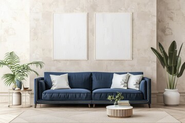 Vibrant Color Image of Two Empty Canvases in Neat Beige Living Room with Accent Blue Sofa