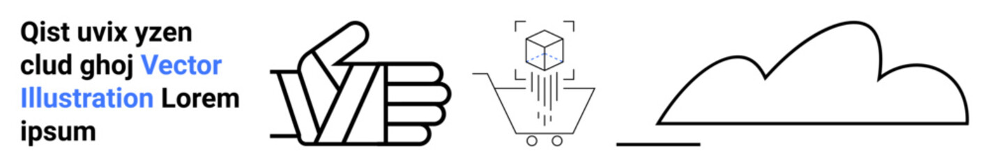 Thumbs-up gesture, shopping cart with floating cube, and cloud outline. Ideal for technology, e-commerce, cloud computing, approval, minimalism, marketing simple landing page