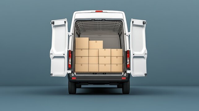 Delivery van with open rear doors showcases organized, neatly stacked cardboard boxes against a clean, solid background, highlighting professionalism in logistics operations