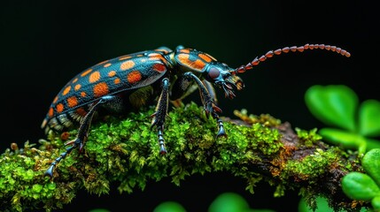 Naklejka premium Colorful beetle on mossy branch, rainforest detail