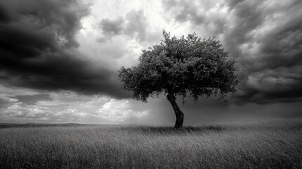Obraz premium Solitary Tree Against Dramatic Sky in Black and White Landscape