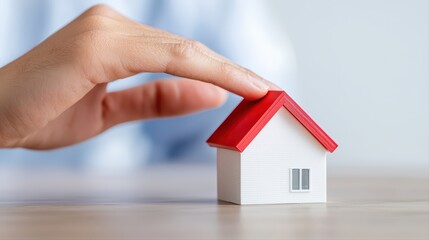 Hand placing finger on model house with red roof